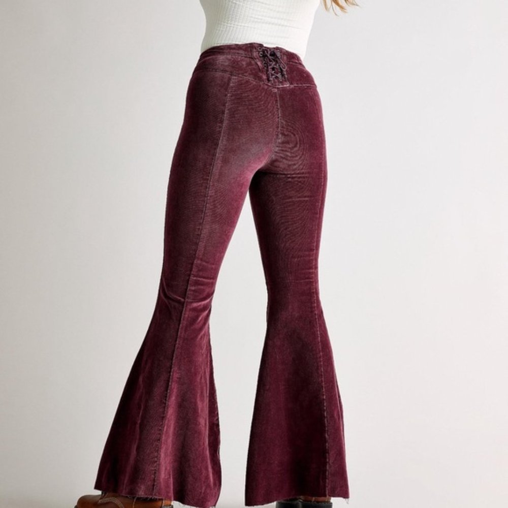 Free People CRVY Cord Lace Up Back Flare Jeans Size 34 - Picture 2 of 10